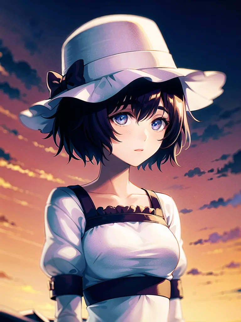 This is an image of a young woman with blue eyes and black hair. She is wearing a white hat with a black ribbon. She is also wearing a white blouse with a black corset. She is standing in front of a sunset. The sky is orange and yellow. There are some clouds in the sky.