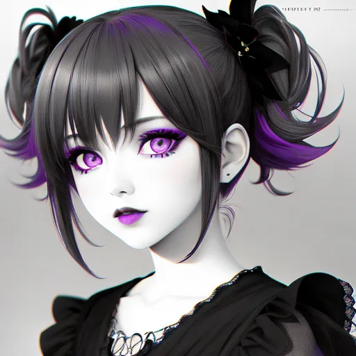 The image is a digital painting of a young woman with long, black hair and purple eyes. The hair is tied up in two buns on the top of her head. She is wearing a black dress with a white collar. The background is a light gray. The woman's skin is pale and flawless. She has a small, upturned nose and full lips. Her eyes are almond-shaped and her eyelashes are long and dark. She is wearing a dark purple lipstick. The woman's expression is serious and thoughtful. She is looking at the viewer with her head tilted slightly to the right.