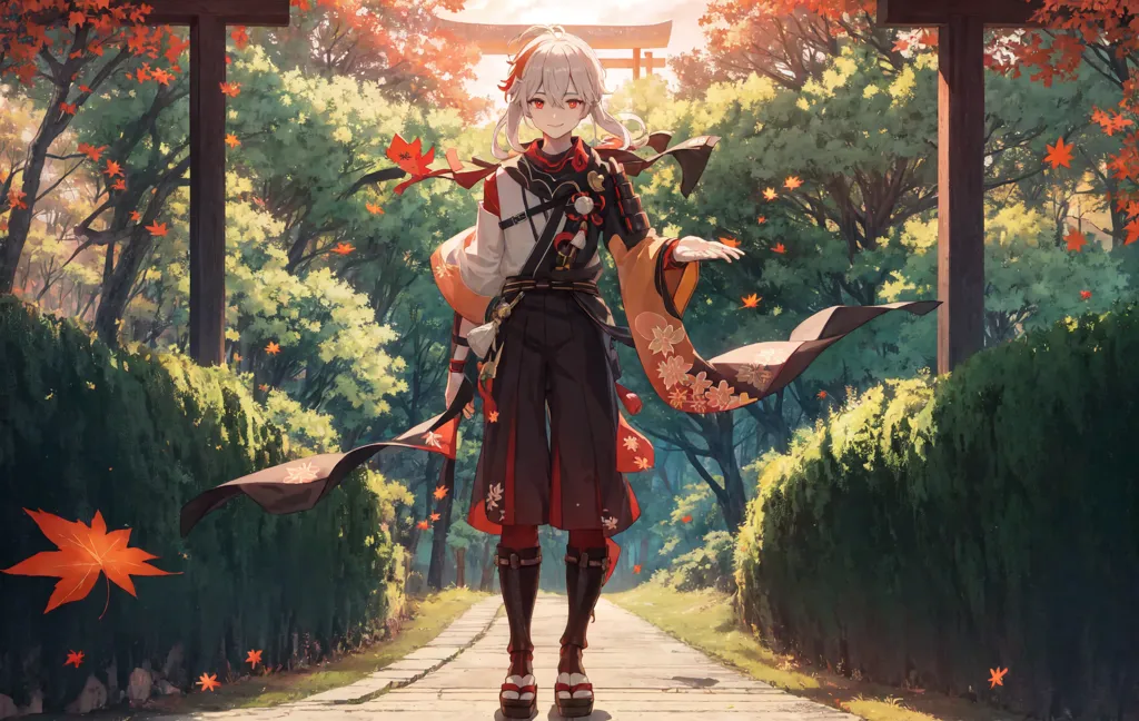 The image is of a young man with white hair and red eyes. He is wearing a white and red kimono with a black and gold obi. He is also wearing a pair of black boots. He is standing in a forest of red maple trees. The leaves are falling from the trees and the ground is covered in them. There is a stone path leading through the forest and a torii gate at the end of the path.