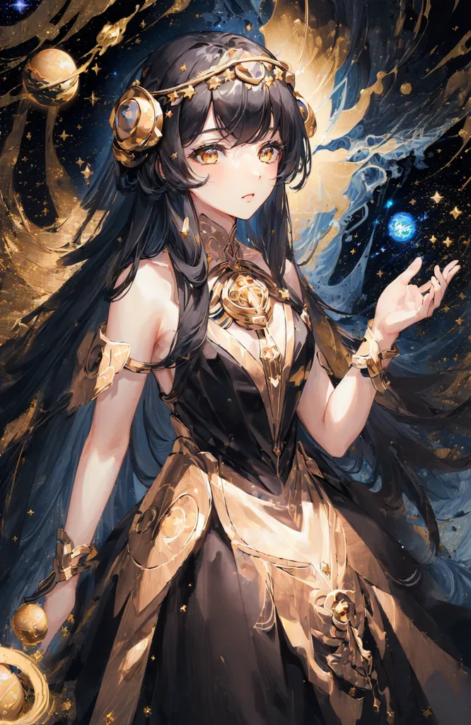 La imagen muestra a una hermosa chica de anime con cabello negro largo y ojos dorados. Lleva un vestido negro y dorado con un cuello alto y un cinturón dorado. También lleva un collar y pendientes dorados. Está de pie frente a un fondo azul oscuro con estrellas y planetas. Tiene una expresión seria en su rostro y mira al espectador.