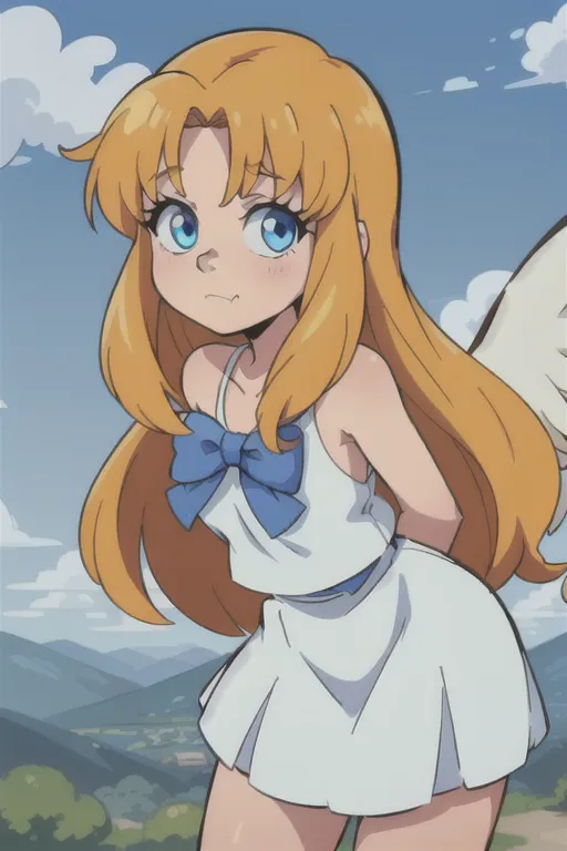 The image contains a young girl with long blond hair and blue eyes. She is wearing a white dress with a blue ribbon at the waist. She has a pair of angel wings on her back. She is standing in a field of flowers, with a mountain range in the background.