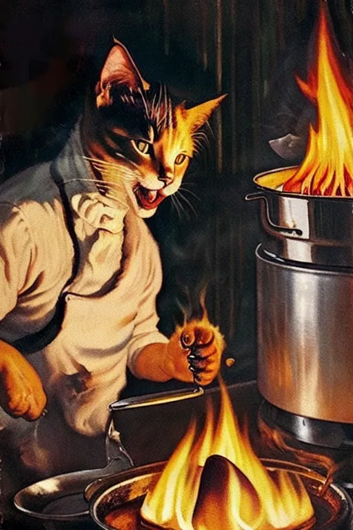 The image shows a cat wearing a chef's hat and apron, cooking in a kitchen. The cat is standing in front of a stove, and there is a large pot on the stove. The cat is holding a wooden spoon, and it is stirring the contents of the pot. There is a fire in the stove, and the flames are licking up the sides of the pot. The cat has a serious expression on its face, and it seems to be concentrating on its cooking.