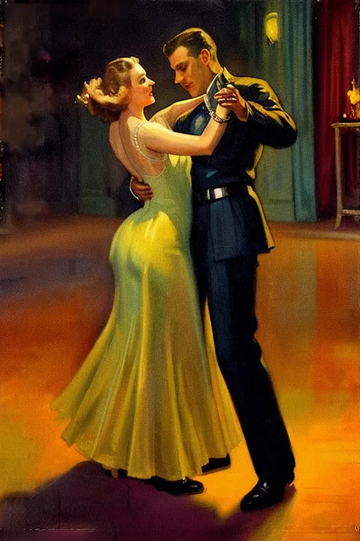 A imagem é de um homem e uma mulher dançando. O homem está vestido com um uniforme militar e a mulher usa um vestido amarelo. Eles estão dançando em um salão de baile. O homem tem uma mão em torno da cintura da mulher e a outra mão segura a dela. A mulher tem uma mão no ombro do homem e a outra mão está na dele. Eles estão olhando um para o outro e sorrindo. O fundo é um borrão de cores claras e escuras.