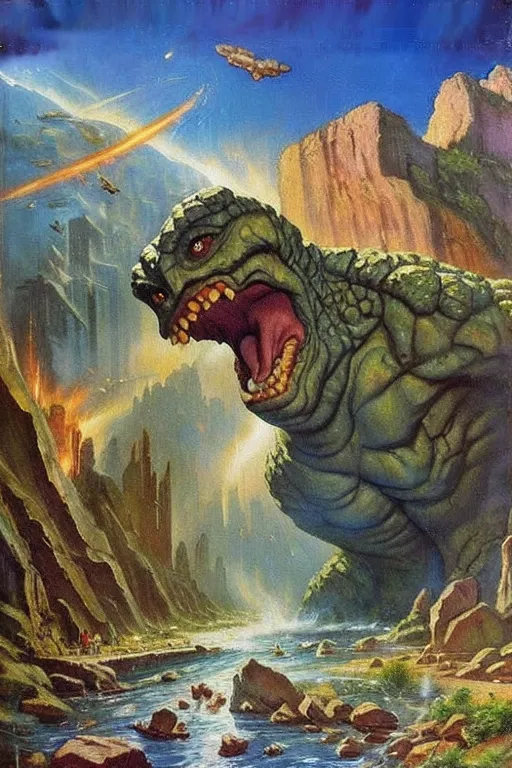 A imagem é uma ilustração de uma cena de uma história de fantasia ou ficção científica. O primeiro plano é dominado por um grande monstro verde. O monstro tem uma aparência de réptil, com uma pele escamosa e uma cauda longa e espinhosa. Sua boca está aberta e ele está rugindo para o espectador. O fundo da imagem é uma paisagem de um vale com um rio correndo através dele. O vale é cercado por altas falésias e há vários edifícios ao fundo. O céu é azul e há várias pequenas máquinas voando no ar.