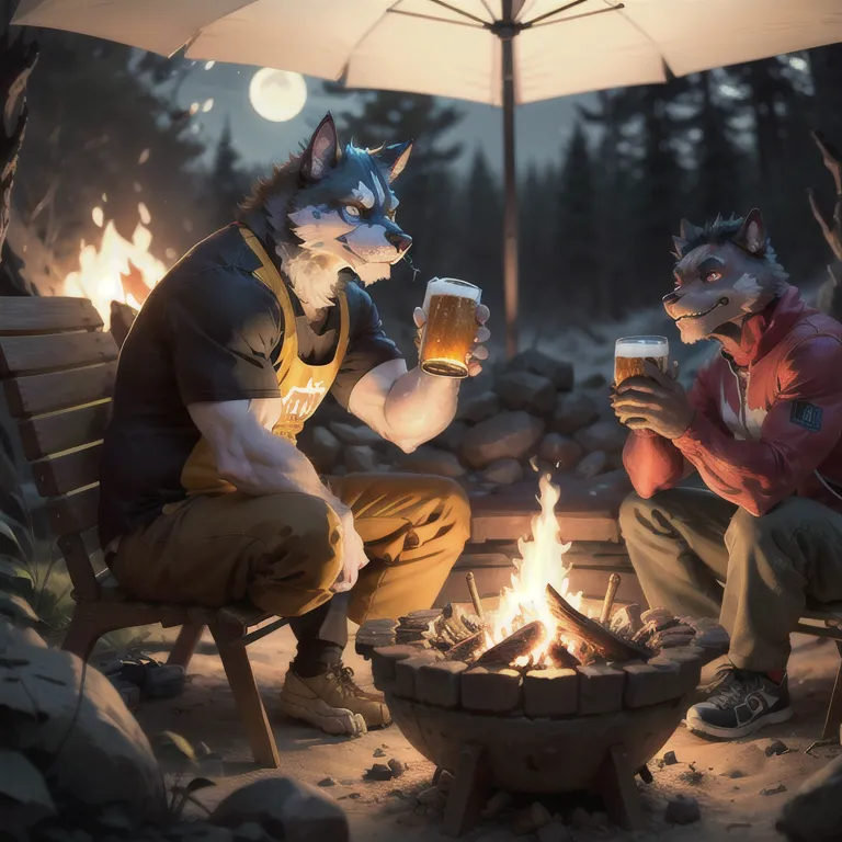 Two muscular anthropomorphic wolves are camping together in the woods. They have set up a campfire and are sitting in chairs, drinking beer and talking. There is a full moon in the sky and trees in the background.