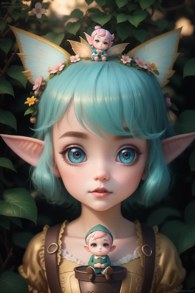 This image shows a beautiful fairy with long, flowing green hair. She is wearing a golden dress with a white camisole. She has large, blue eyes and long, pointed ears. There are flowers in her hair and a small fairy is sitting on her head. She is standing in a lush, green forest with ivy leaves in the background.