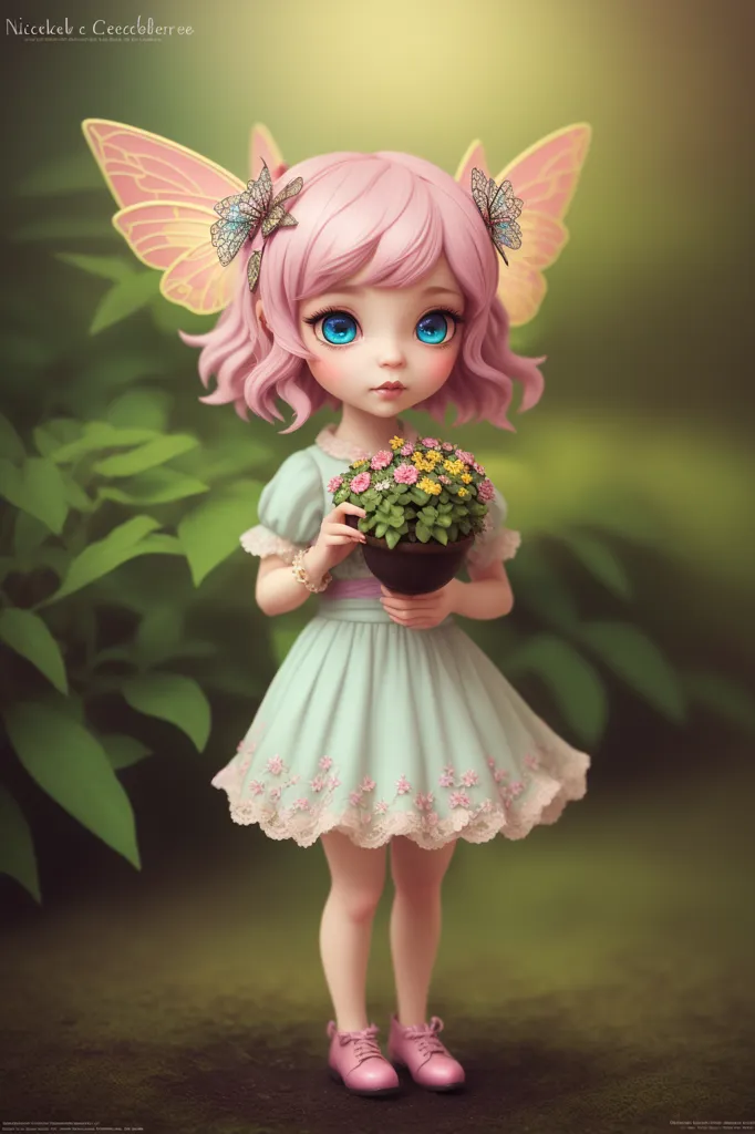 This image shows a small fairy girl with pink hair and blue eyes. She is wearing a pale green dress with white and pink flowers on the bottom and pink shoes. She has butterfly wings that match the flowers in her dress. She is holding a flower pot with both hands. The background is blurry and looks like a forest.