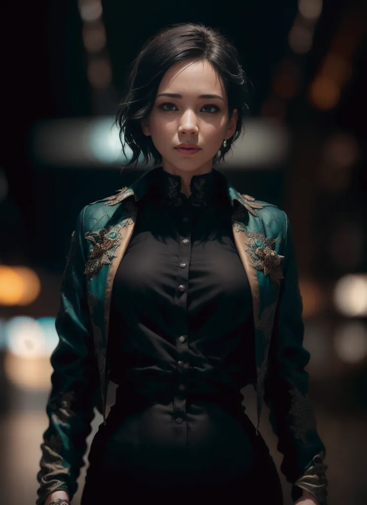 The picture shows a young Asian woman with short black hair. She is wearing a black shirt with a white collar and a dark green jacket with golden ornaments. The background is blurred with some bright spots of light.