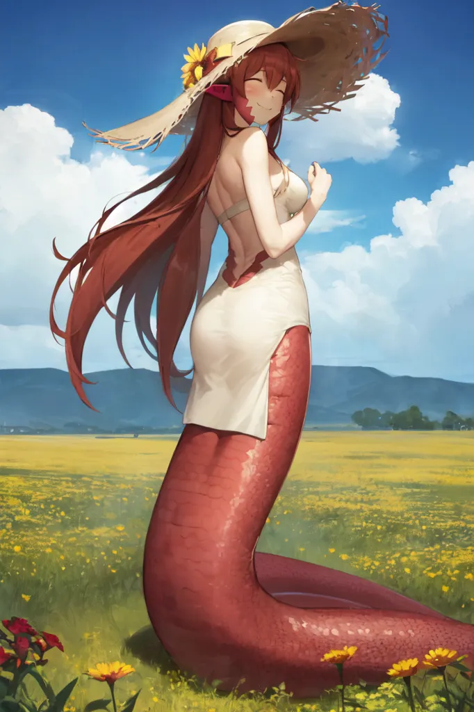 The image is of a red-haired lamia wearing a white dress and a straw hat with a yellow flower band. She is standing in a field of yellow flowers, and there are mountains in the distance. The lamia is smiling and has her eyes closed.