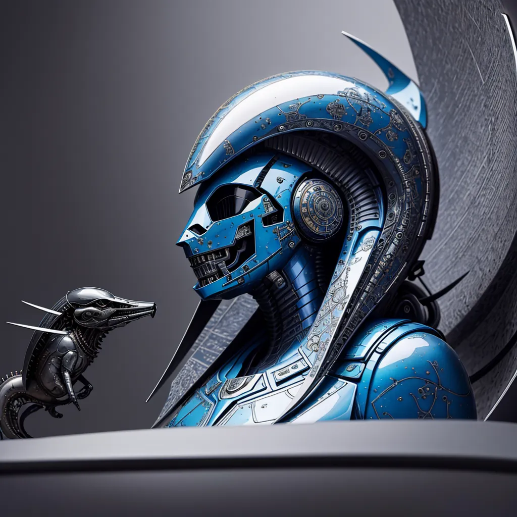 The image is a 3D rendering of a blue robot head. The robot has a metallic blue skin and a silver face. The robot's eyes are blue and it has a mouth that is smiling. The robot is wearing a silver crown and has a silver horn on its forehead. The robot is sitting on a black throne and there is a small blue dragon sitting on its shoulder. The background of the image is a dark grey gradient.