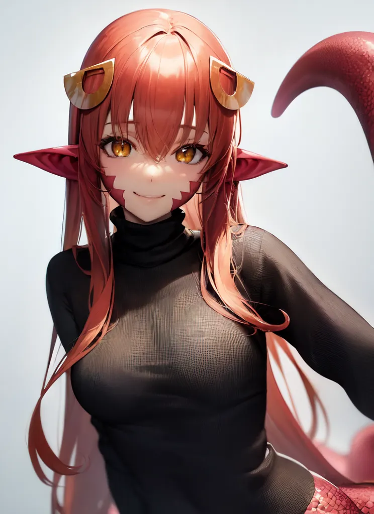 L'image est une peinture numérique d'une jeune fille aux cheveux rouges de style anime avec des caractéristiques de dragon. Elle a des yeux rouges, de longs cheveux rouges et une paire de cornes sur la tête. Elle porte un pull col roulé noir. L'arrière-plan est un dégradé de rose clair à blanc.