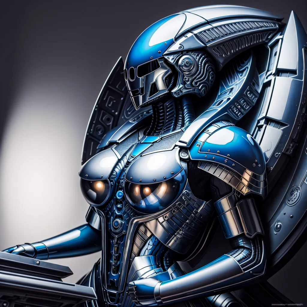 The image is a digital painting of a female cyborg. She is wearing a blue and silver armor with a helmet that has a visor. The armor has many details, including lights and wires. The cyborg is sitting in a chair and is holding a keyboard. She has a serious expression on her face. The background is dark.