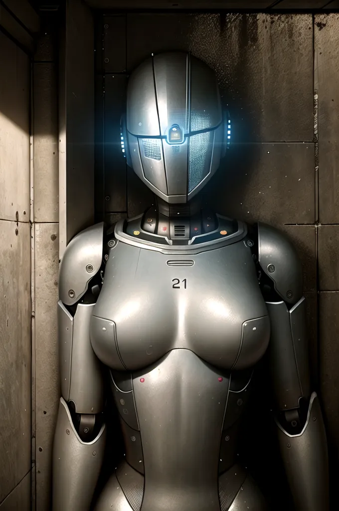 The image is a depiction of a humanoid robot. It is standing in what appears to be a concrete room, with a single light source on the left side of the image. The robot is made of metal, with a silver finish. It has a feminine figure, with a chest and hips that are reminiscent of a human woman. The robot's head is featureless, with a smooth, metallic surface. It has two glowing blue eyes, and a small, triangular nose. The robot's body is covered in various panels and greebles, which give it a mechanical appearance. The image is rendered in a realistic style, and the robot's metallic surfaces are highly reflective.