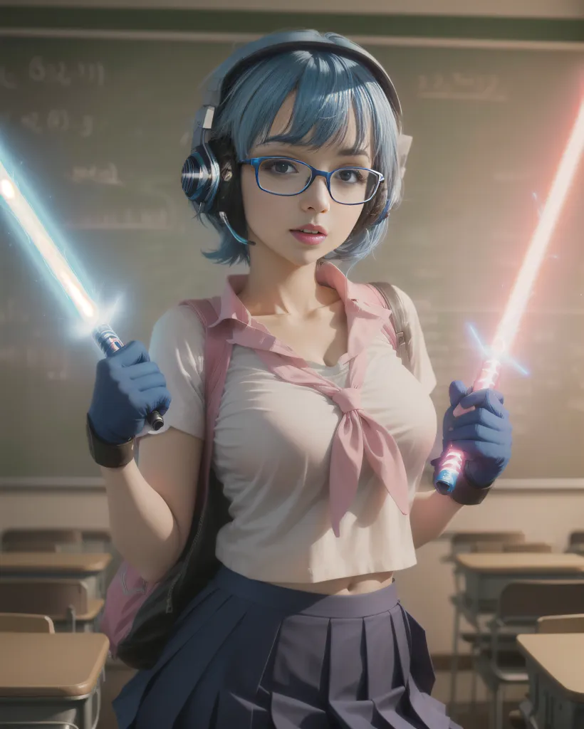 The image depicts an anime-style school girl standing in a classroom, holding two lightsabers, one blue and one red. She is wearing a white shirt, a gray skirt, a pink bow, and headphones. She has blue hair and glasses. The background is a chalkboard with Japanese writing on it.