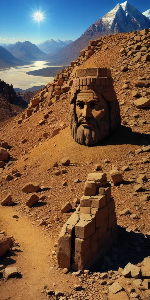 Esta imagen muestra una gran cabeza de piedra de un hombre con barba que está parcialmente enterrada en la arena. La cabeza lleva una corona u otro tipo de cobertura de la cabeza. En el fondo, hay una gran cordillera con picos nevados. El cielo es azul y el sol brilla.