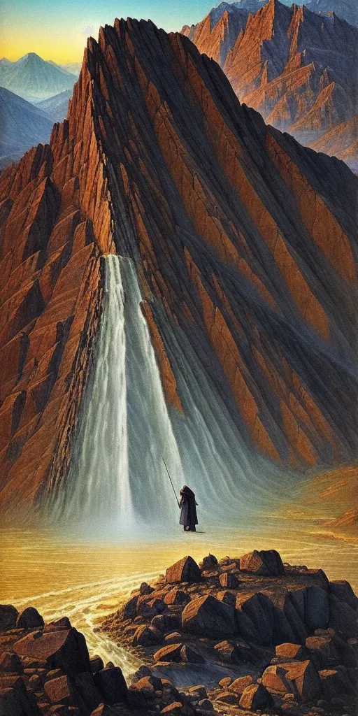 The image is of a tall, rocky mountain with a waterfall coming down from the top. The waterfall is in the middle of the mountain, and there is a person standing at the bottom of the waterfall. The person is wearing a long black cloak and is holding a staff. The mountain is very tall and steep, and the waterfall is very high. The water from the waterfall is crashing down on the rocks at the bottom of the mountain. There are large boulders at the bottom of the waterfall. The sky is orange and the sun is setting.