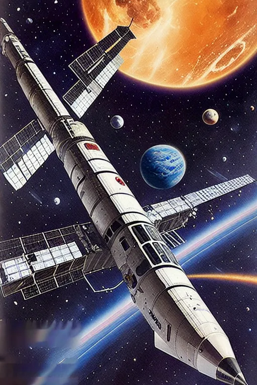 The image shows a spaceship in space. The spaceship is white with red details and has solar panels on the sides. There are stars, planets, and a moon in the background. The spaceship is in the foreground, and it is clear that it is traveling through space. The image is very detailed, and it is clear that the artist has put a lot of thought into the design of the spaceship and the background.