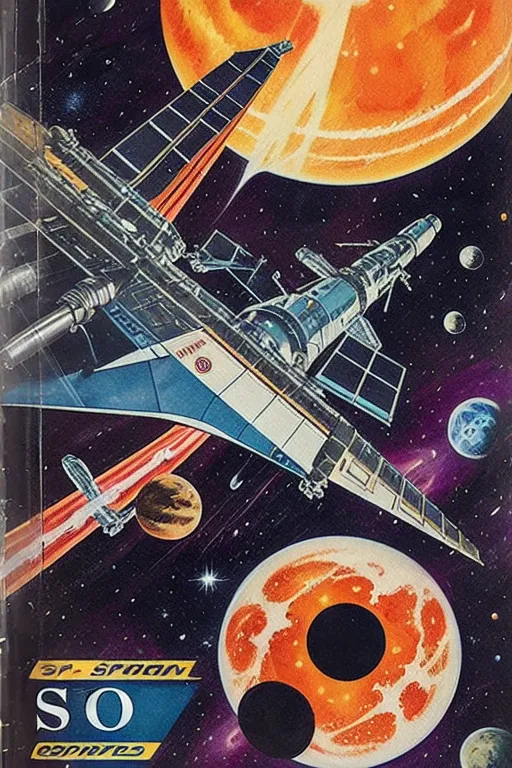 The image is a painting of a spaceship in space. The spaceship is in the foreground, and there are planets and stars in the background. The spaceship is white and blue, and it has a large engine on the back. The planets are red, blue, and green, and they are all different sizes. The stars are white, and they are all different sizes. The painting is done in a realistic style, and the colors are very vibrant.