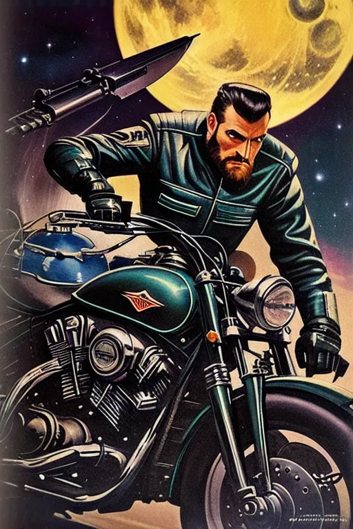 A imagem mostra um homem montando uma motocicleta. Ele está usando uma jaqueta de couro preta e um capacete preto. A motocicleta é verde e preta. O homem tem barba e bigode. Ele está olhando para o lado. Há uma lua grande ao fundo. A lua é amarela e tem um cráter nela. Há estrelas ao fundo. A imagem está em estilo de história em quadrinhos.