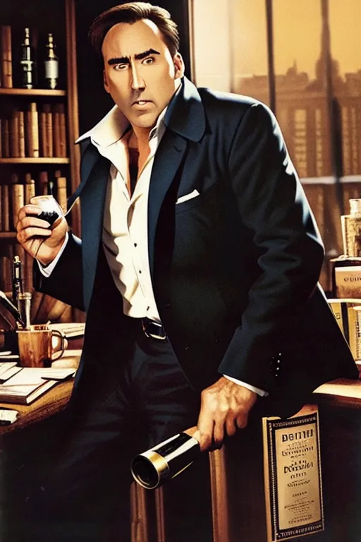 This is a painting of Nicolas Cage in a suit. He is holding a glass of wine in one hand and a book in the other. There is a desk in front of him with a lamp and some books on it. There is a bookshelf behind him. He is looking at the viewer with a serious expression.