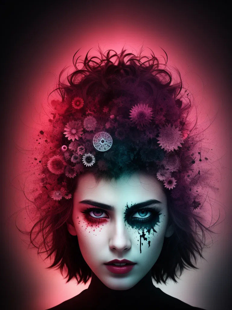 La imagen es un retrato de una mujer joven con cabello oscuro y piel pálida. Lleva un labial rojo oscuro y tiene una corona de flores en la cabeza. Las flores son de color rosa oscuro, morado y azul, y también hay algunas hojas verdes. El fondo es de color rojo oscuro. La cara de la mujer está pintada de azul y rojo oscuro. Ella mira al espectador con sus ojos oscuros.