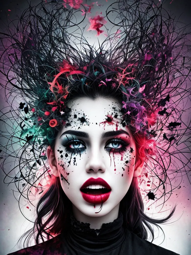 The image is a portrait of a woman with dark hair and red lips. Her face is painted with black and red paint, and she has a large, elaborate headdress made of flowers, leaves, and branches. The background is a dark, swirling mass of colors. The woman's expression is one of defiance and power. She seems to be challenging the viewer to a fight.