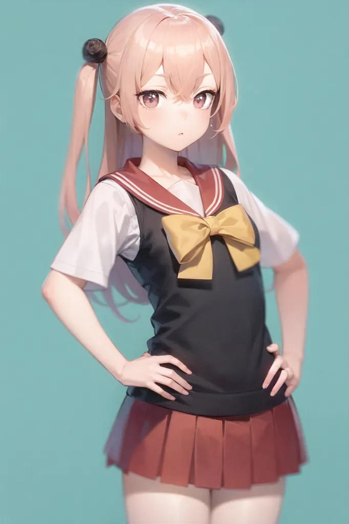 The image shows a young girl with long pink hair tied in twintails. She is wearing a white shirt, a black vest with a yellow bow, and a red pleated skirt. She has her hands on her hips and is looking at the viewer with a slightly defiant expression. She is standing in front of a blue background.