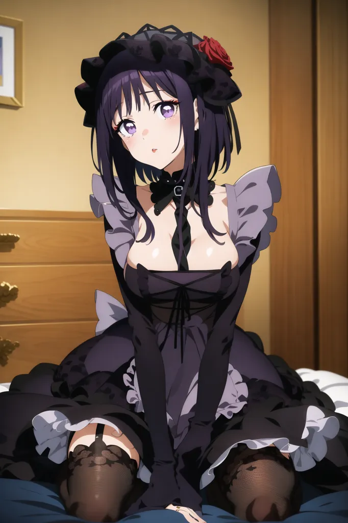 The image shows a young woman with purple hair and purple eyes. She is wearing a black and white maid outfit with a rose on her head. She is sitting on a bed and looking at the viewer with a shy expression.