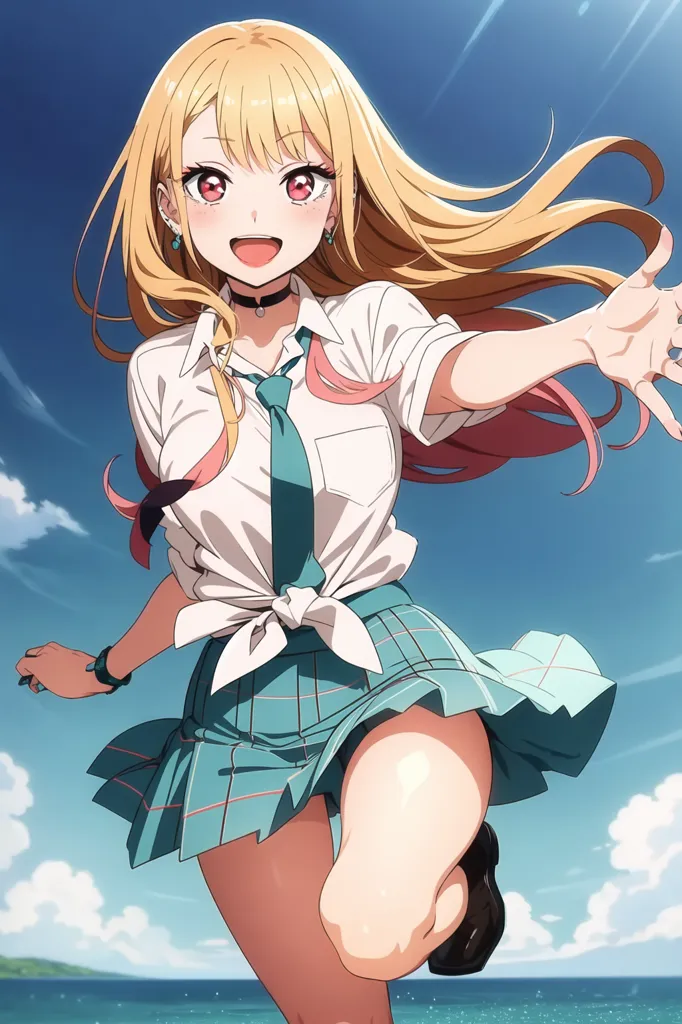 The image is a digital painting of a young woman in a school uniform. She has long, flowing blonde hair, blue eyes, and a bright smile. She is wearing a white shirt, a blue tie, and a green skirt. She is also wearing a black choker and a bracelet on her right wrist. She is standing on a beach, with the ocean behind her. The sky is blue and there are white clouds in the background. The woman is smiling and has her arms outstretched, as if she is running towards the viewer.