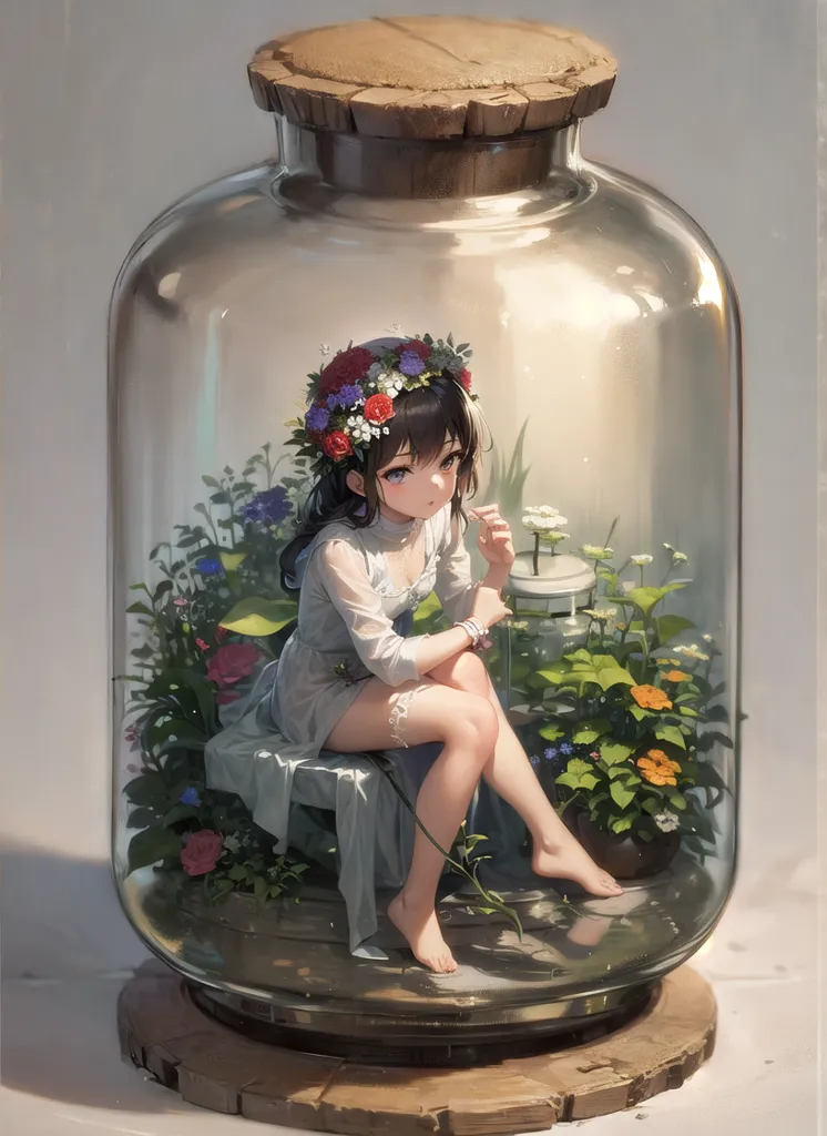 The image depicts a terrarium with a young woman sitting inside it. She is wearing a white dress and a flower crown. The terrarium is filled with various plants and flowers, and there is a small pond in the background. The woman is sitting on a rock, and she has her legs crossed. She is looking at the viewer with a serene expression. The terrarium is made of glass, and it is sitting on a wooden table. The image is very detailed, and the artist has used a variety of colors to create a realistic and lifelike scene.