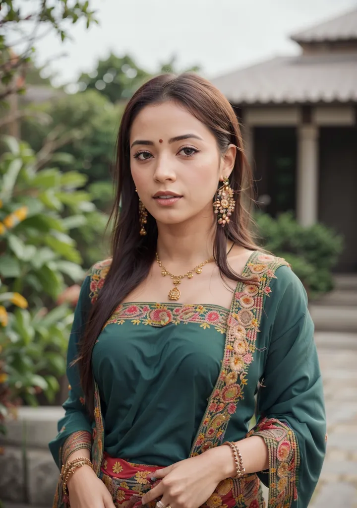 The picture shows a young woman, probably in her early 20s, with long, dark hair flowing down her back and dark eyes. She is wearing a green blouse with red and gold embroidery, a red skirt and a gold necklace with a pendant. She also has gold earrings and several bracelets on her right arm. There are plants and a building in the background. The woman is probably from India or a neighboring country, based on her clothing and appearance.