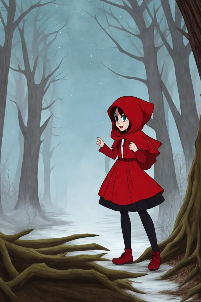 L'image représente une jeune fille portant une capuche et un manteau rouges. Elle se tient dans une forêt sombre, entourée de grands arbres. La fille regarde vers la droite du cadre et a une expression surprise sur le visage. Elle porte une robe blanche et des chaussures noires. La forêt est sombre et lugubre, et les arbres sont dénudés. La seule lumière provient de quelques petits rayons de soleil qui percent à travers les arbres.