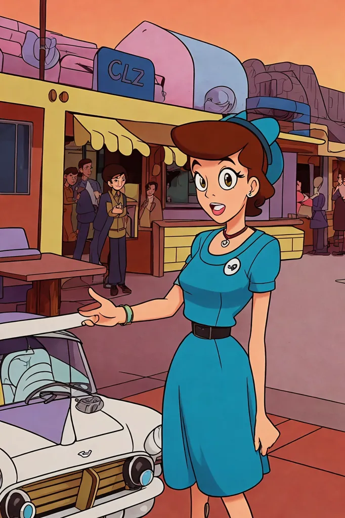 This is an image of a woman standing in front of a retro diner. The woman is wearing a blue dress and a blue hat. She has brown hair and green eyes. She is smiling and pointing at a car. There are people in the background of the image. They are wearing clothes from the 1950s. There are cars parked in front of the diner. The diner has a sign that says \