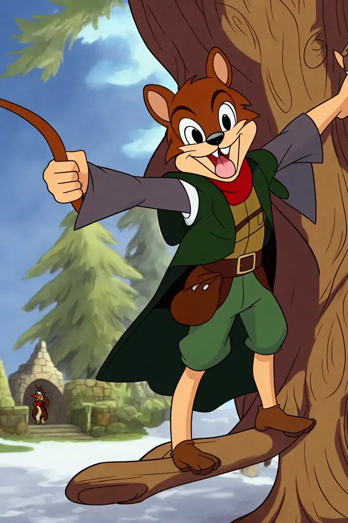 The image shows a cartoon squirrel wearing green clothes. He has a brown tail and a red scarf. He is standing on a tree branch and holding a long stick. He has a happy expression on his face. In the background, there is a large tree and a house.