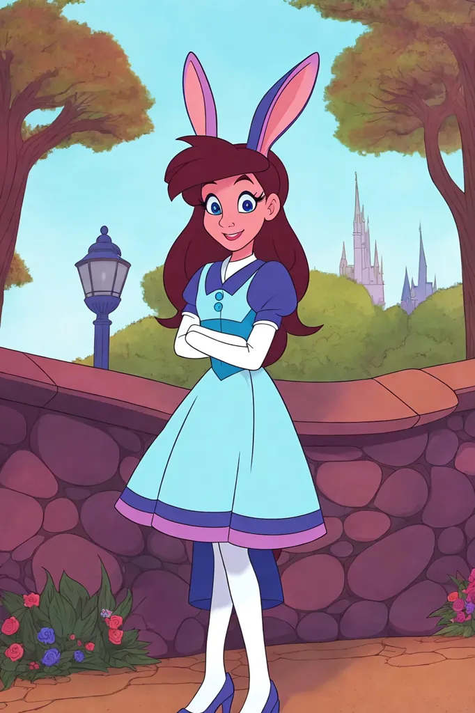 This is an image of a young woman with brown hair and rabbit ears. She is wearing a blue and white dress with a purple sash. She is standing in front of a stone wall with a lamppost and some bushes behind her. There is a large tree to the left and a castle in the distance. The woman has a friendly expression on her face and is looking at the viewer.