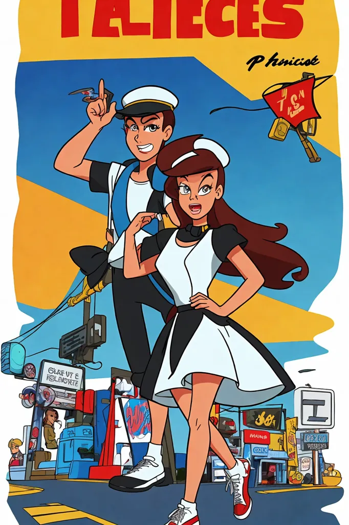 The image is of a cartoon drawing of a man and a woman in retro uniforms. The man is wearing a white hat, black shirt with white trim, and black pants with white shoes. He is pointing up with one hand and has the other hand on his hip. The woman is wearing a white hat, black dress with white trim, and white shoes. She is standing with one hand on her hip and the other arm bent in the air. They are both smiling. There is text at the top of the image that says "TALiCES" and a signature in the bottom right corner that says "Phiniciac". The background is yellow with blue and red accents.