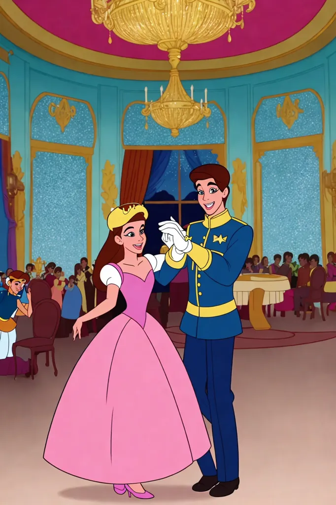 This is an image of a prince and princess dancing in a ballroom. The prince is wearing a blue military-style outfit with gold epaulettes and white gloves. He has brown hair and blue eyes. The princess is wearing a pink ball gown with a sweetheart neckline and a gold tiara. She has brown hair and blue eyes. They are both smiling and look happy. The ballroom is decorated with pink and blue swags and gold chandeliers. There are people standing around the edge of the dance floor watching them dance.