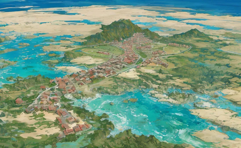 The image shows an aerial view of a town built on a group of islands in the middle of a large river. The river is very wide and there are many small islands in it. The town is built on the largest island and there are many houses, buildings, and trees on it. The river is very blue and the sky is very light blue.