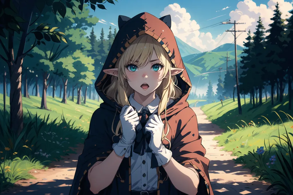 The image is of an anime-style elf girl with long blonde hair and blue eyes. She is wearing a brown cloak with cat ears on the hood and white gloves. She is standing in a forest, surrounded by tall trees and green grass. There is a mountain in the distance. The girl is looking at the viewer with a surprised expression on her face.