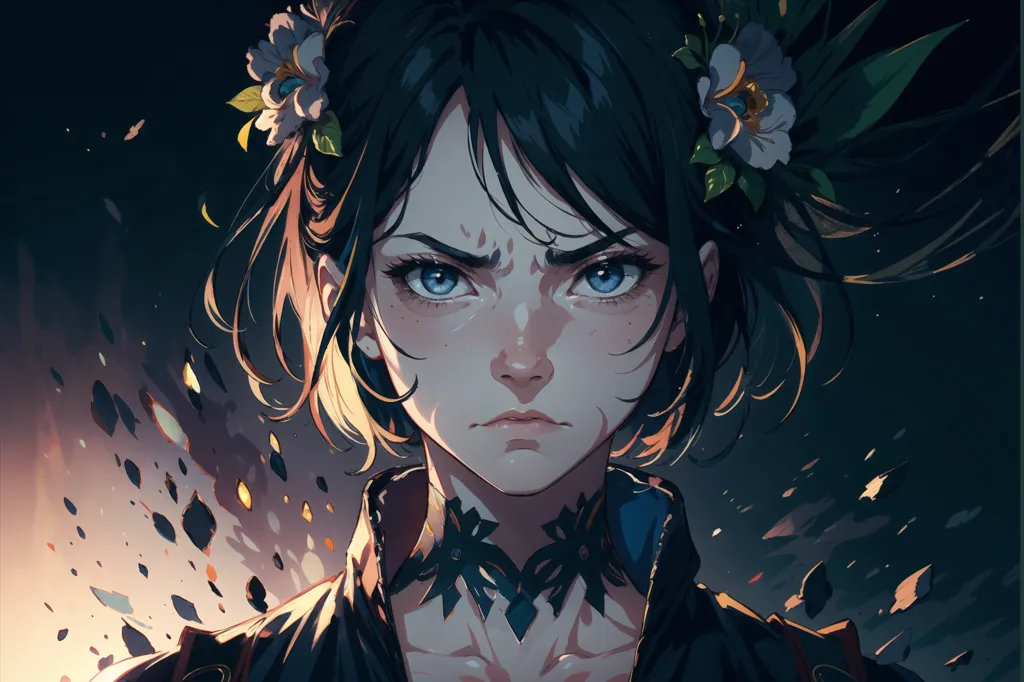 This is an image of a young woman with dark hair and blue eyes. She is wearing a black choker and a dark blue shirt with a white collar. There are white flowers in her hair. She has a serious expression on her face. There are also small, glowing, white, diamond-shaped objects floating in the air around her.