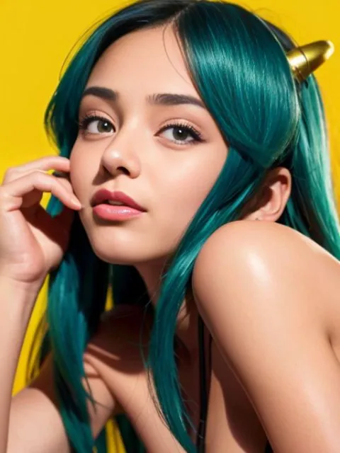 The picture shows a young woman with long, green hair and brown eyes. She is wearing a yellow bikini top and has a gold horn-like accessory in her hair. She is looking at the camera with a serious expression. The background is a bright yellow color.