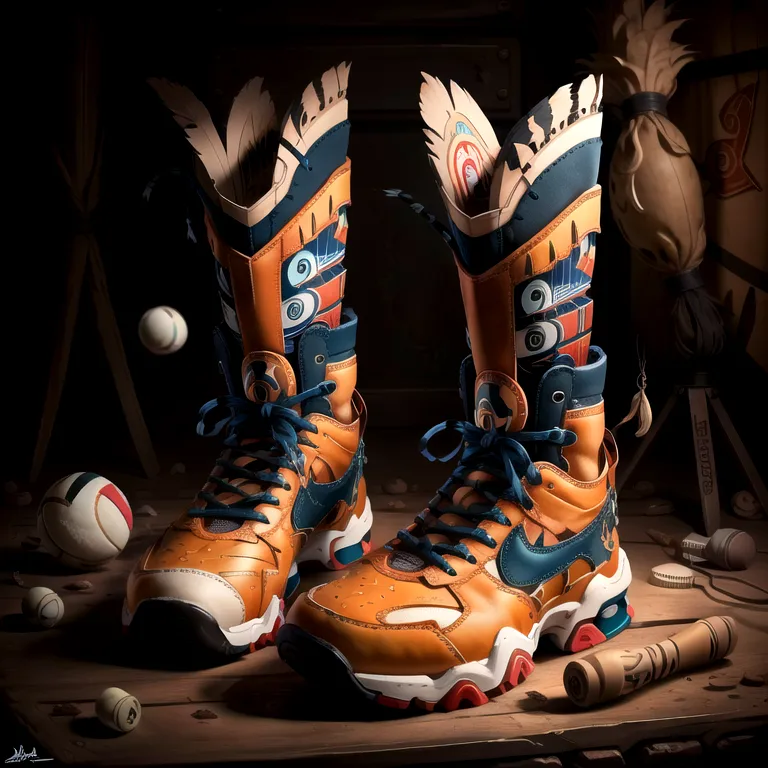 This is a Native American-inspired pair of high-top sneakers. The shoes are orange and blue with intricate patterns and designs. There are feathers and other Native American symbols on the shoes. The shoes are sitting on a wooden table with some other objects, including a baseball, a glove, and a wooden flute. The background is a dark wood wall with a spotlight shining down on the shoes.