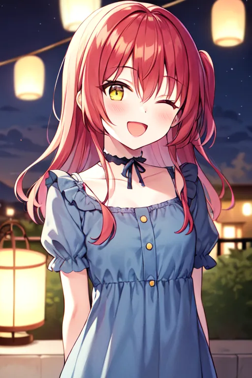 The image shows a young girl with long red hair and yellow eyes. She is wearing a blue dress with a white collar. The girl is smiling and winking at the viewer. She is standing in a street with paper lanterns in the background.