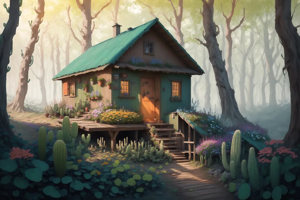 This is a picture of a small house in the woods. The house is made of wood and has a green roof. There is a door and two windows on the front of the house. There is a wooden porch with steps leading up to the front door. The house is surrounded by trees and cacti. There are flowers growing around the house. The sun is shining through the trees. The picture is very peaceful and serene.