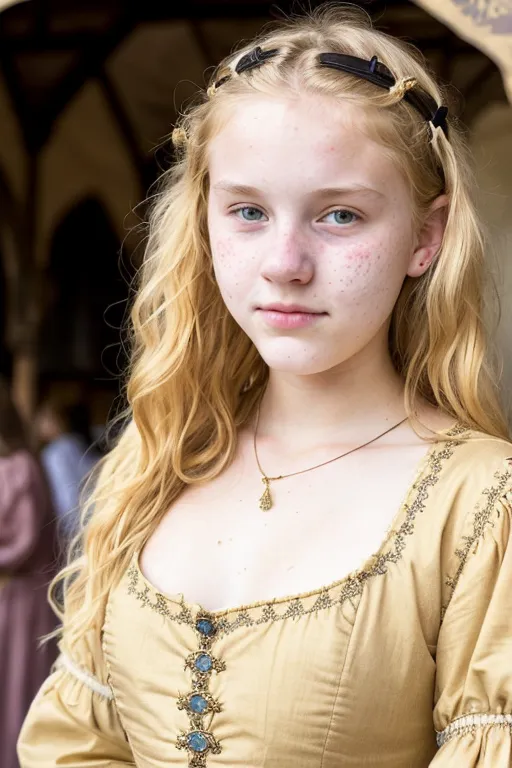 L'image montre une jeune fille aux longs cheveux blonds et aux yeux bleus. Elle porte une robe de couleur or avec des pierres bleues et vertes sur le corsage. La robe a un décolleté en cœur et les manches sont légèrement bouffantes aux épaules. Elle porte également un collier avec un pendentif doré. Les cheveux de la fille sont tirés en arrière et tressés avec deux élastiques noirs. Elle a quelques taches de rousseur sur le visage et ses lèvres sont légèrement entrouvertes. Elle regarde la caméra avec une expression sérieuse.