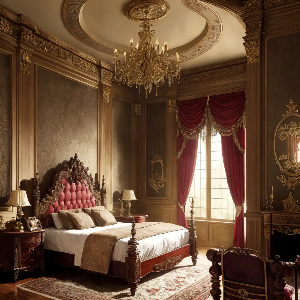 The image shows a luxurious bedroom with a large bed, a crystal chandelier, and ornate furniture. The bed has a red velvet headboard and matching pillows. The walls are paneled with wood and decorated with intricate carvings. The ceiling is coffered and painted with a gold leaf design. The floor is covered in a thick carpet. There is a large window with red velvet curtains. There is also a fireplace with a mantel and a mirror above it.