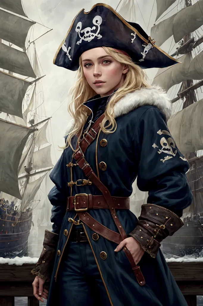 The image shows a beautiful young woman dressed in a pirate costume. She is wearing a black tricorn hat with a white skull and crossbones on it. The hat is trimmed with white fur. She is wearing a blue coat with gold buttons and brown leather trim. The coat has a white fur collar. She is also wearing a brown leather belt with a gold buckle. She has a sword hanging from her belt on her left side. She is standing on a ship, with several other ships in the background.