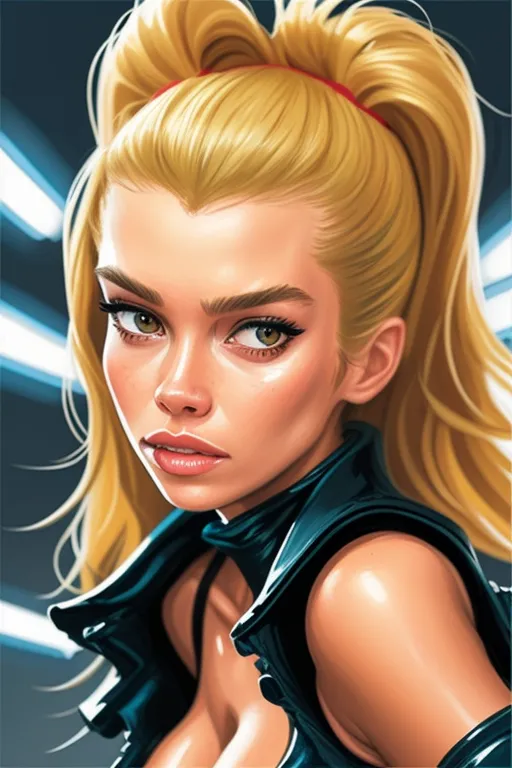 The image is a digital painting of a young woman with long blonde hair, brown eyes, and a confident expression on her face. She is wearing a black leather jacket with a plunging neckline and a red headband. The background is a dark blue color with a few white highlights. The woman's hair is pulled back into a high ponytail and she is looking at the viewer with a serious expression.