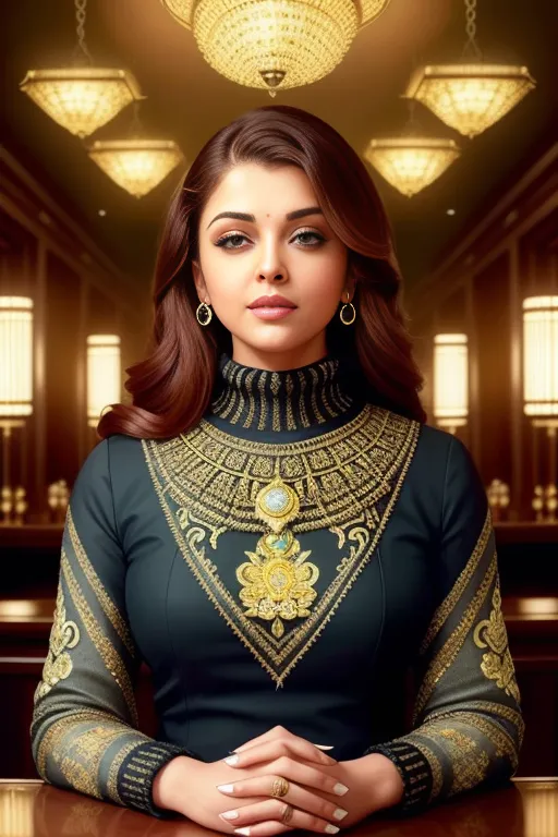 The image shows a beautiful Indian woman with long brown hair and dark eyes. She is wearing a black turtleneck dress with gold embroidery. The dress has a high collar and long sleeves. She is also wearing a gold necklace and matching earrings. Her hair is styled in a bun and she has a subtle makeup on. She is sitting at a desk and has her hands folded in front of her. There are two large chandeliers above her head and several paintings on the walls behind her.