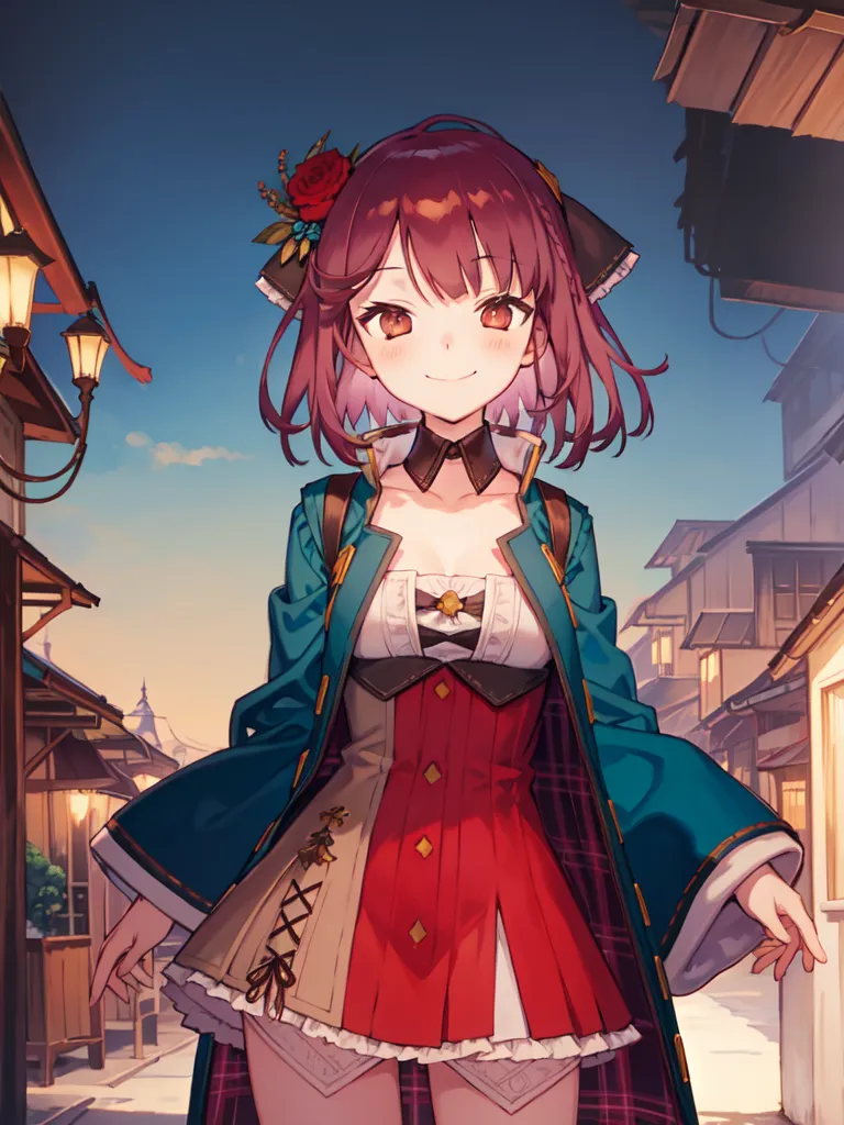 This is an image of an anime girl with long red and pink hair. She is wearing a blue jacket, a red and white dress, and a brown belt. She is also wearing a rose in her hair. She has a happy expression on her face and is walking towards the viewer. The background is a street in a Japanese town with traditional wooden houses and lanterns.